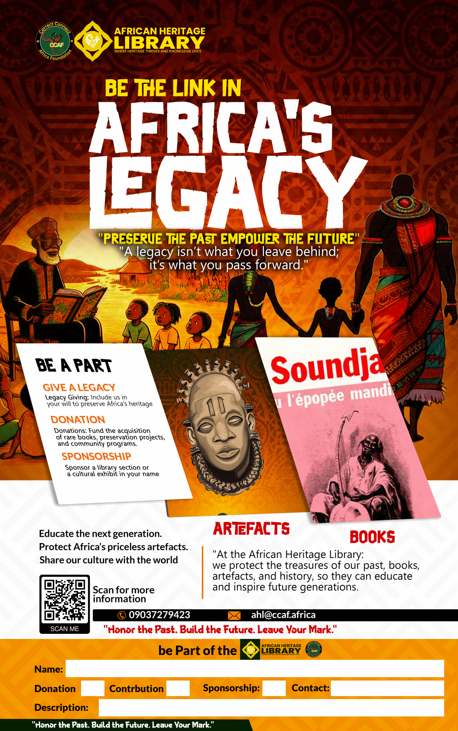 African Heritage Library poster: Be the link in Africa’s legacy. Give a legacy, donate or sponsor