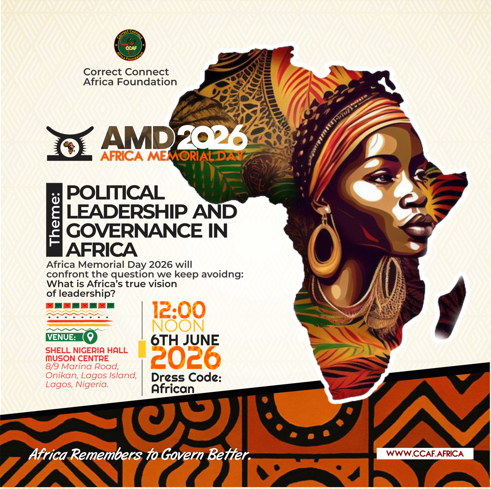 Africa Memorial Day 2026 poster: Political Leadership and Governance in Africa, 6 June 2026, Shell Nigeria Hall, MUSON Centre, Lagos