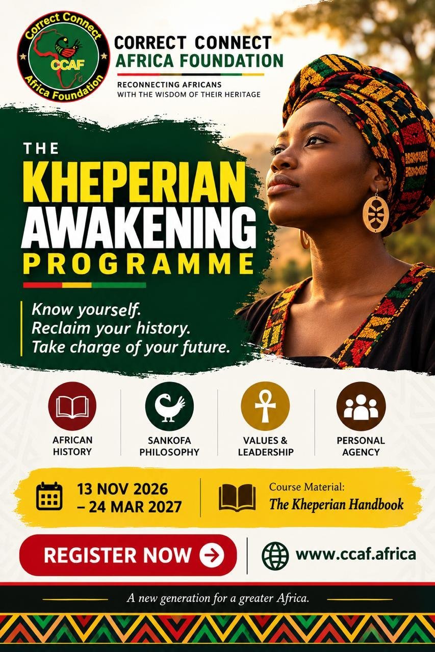 Poster of the Kheperian Awakening Programme, 13 November 2026 to 24 March 2027, showing a woman in a headwrap and the four themes